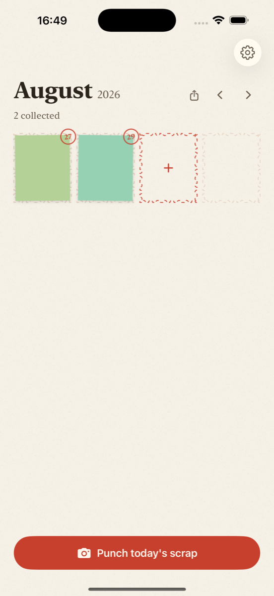 The scrapeaday month album: August 2026, two collected scraps in a stamp grid, today waiting as a red dashed outline, and the button punch today's scrap.