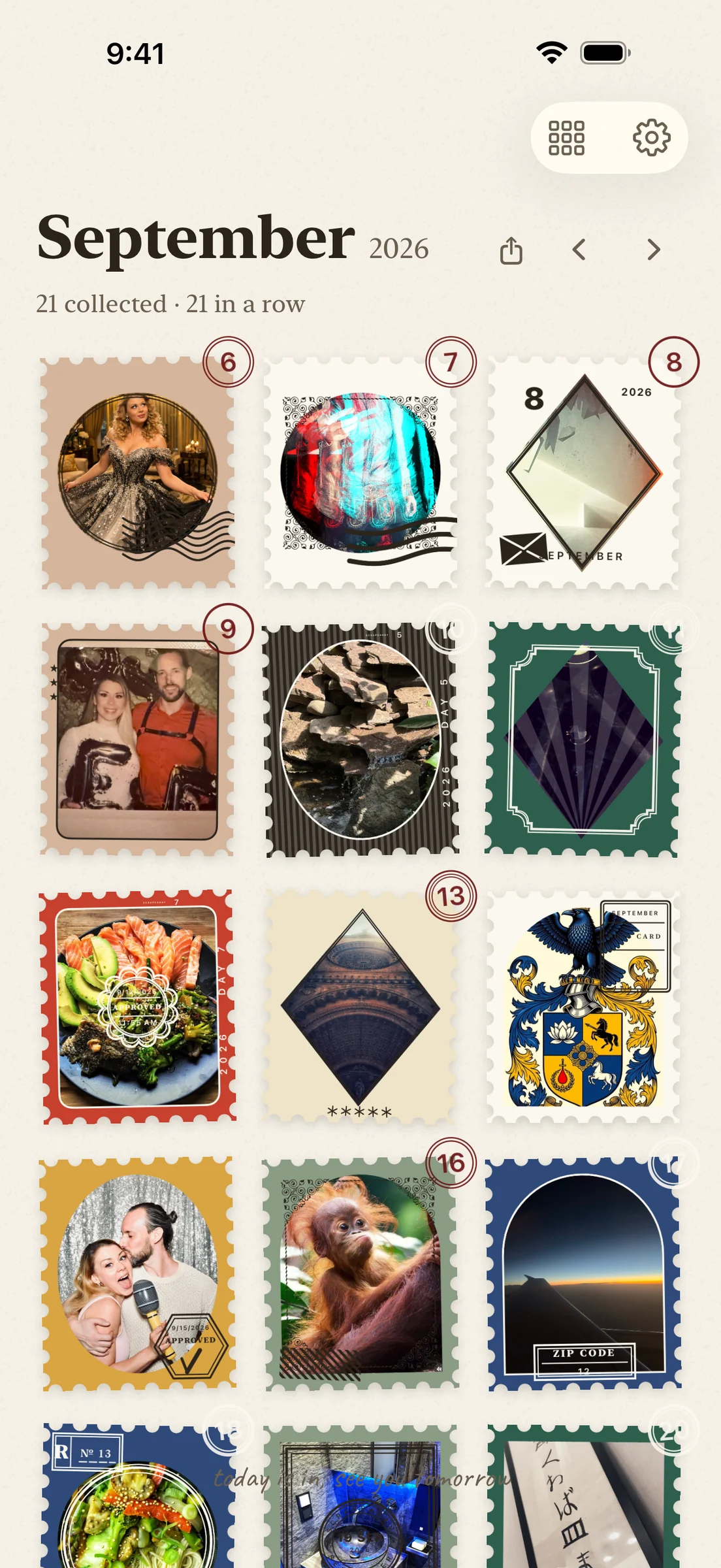 The scrapeaday month album in September: real photo scraps in different stamp designs.