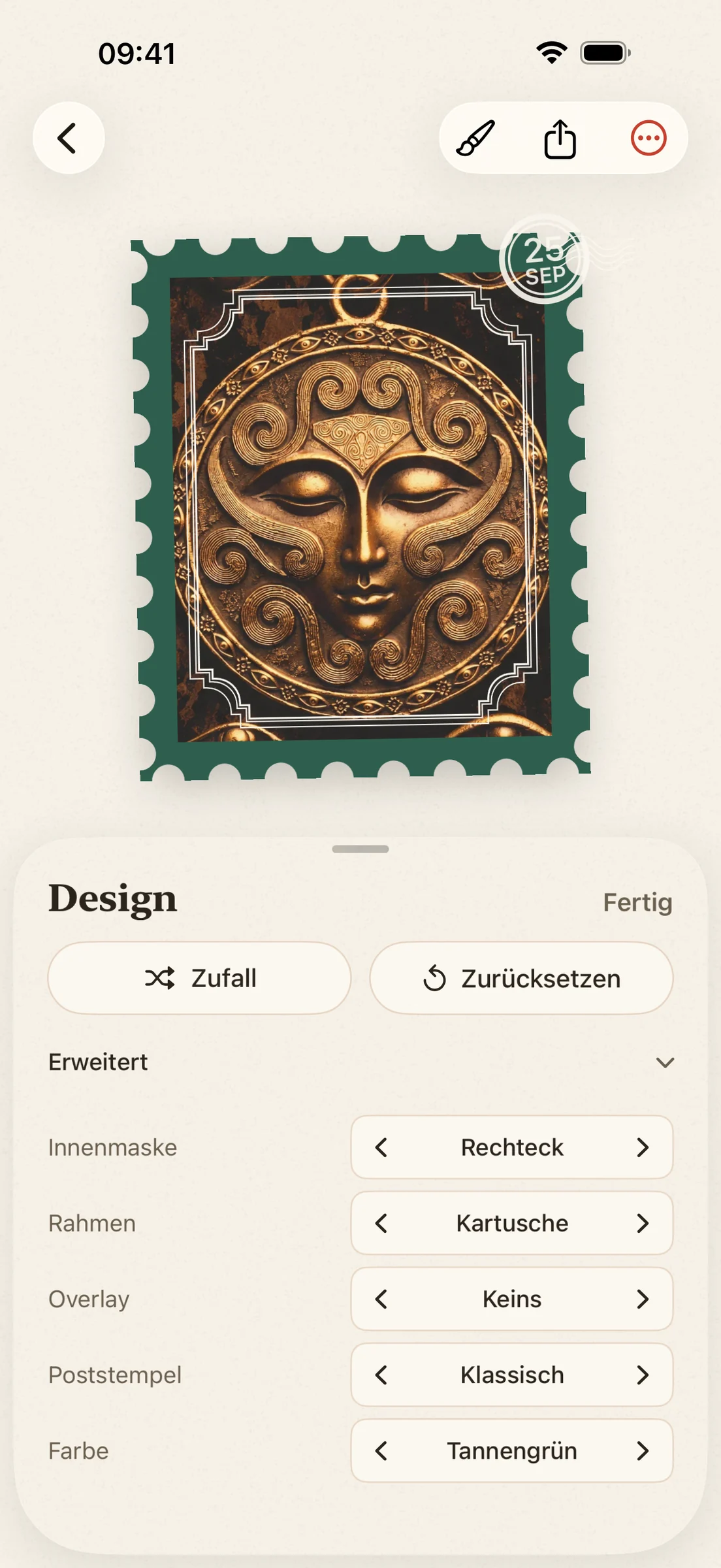 Das Design-Fenster von scrapeaday über einem Schnipsel, Erweitert aufgeklappt: innere Maske, Rahmen, Overlay, Stempel und Farbe, jeweils mit eigener Auswahl.