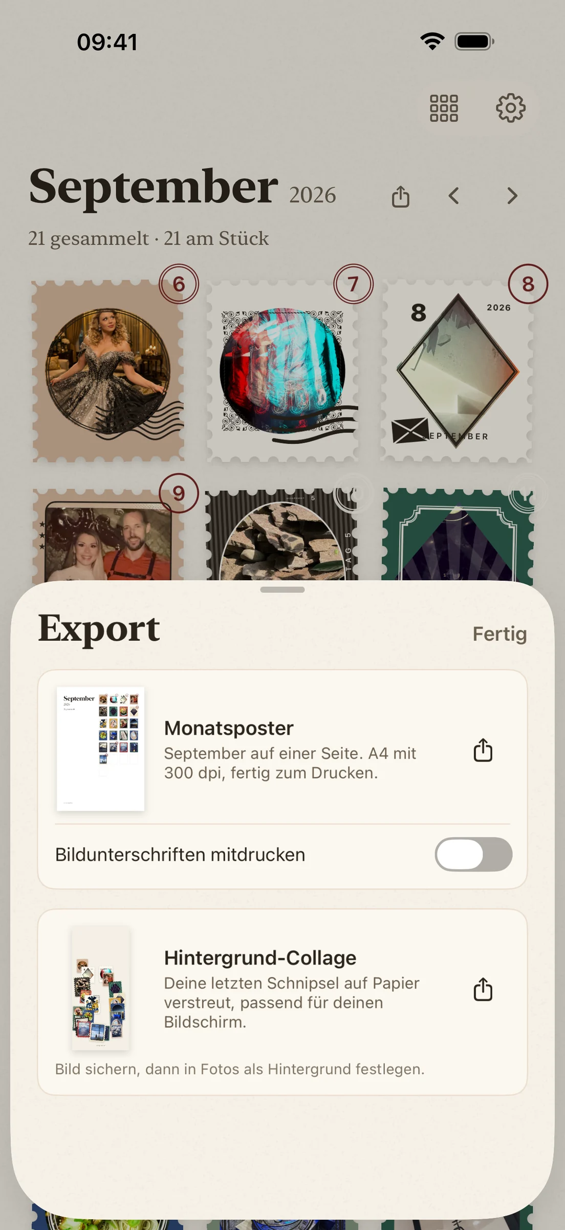 Das Export-Fenster von scrapeaday: das Monatsposter zum Drucken, der Schalter für die Bildunterschriften und die Hintergrund-Collage.