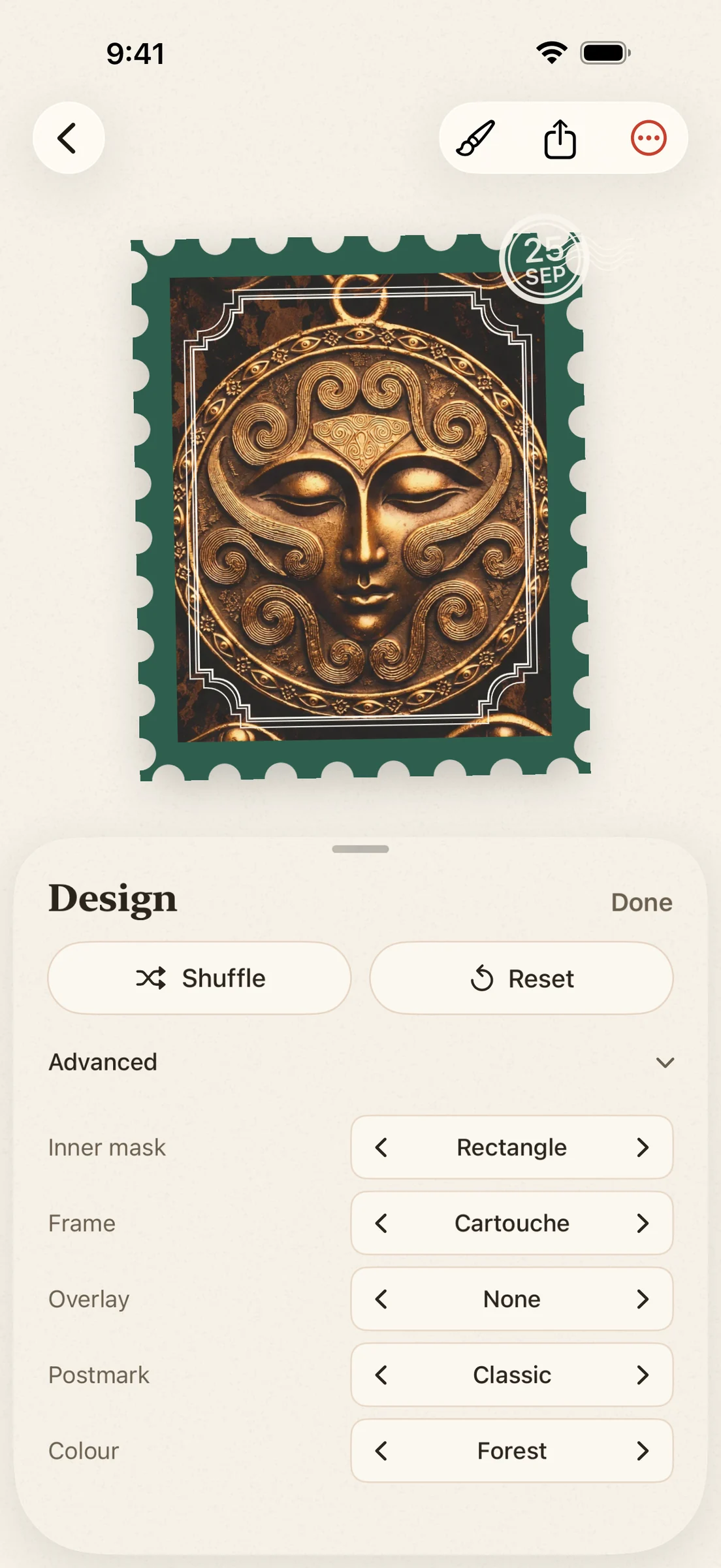 The scrapeaday design sheet over a scrap, with Advanced open: inner mask, frame, overlay, postmark and colour, each with its own choice.