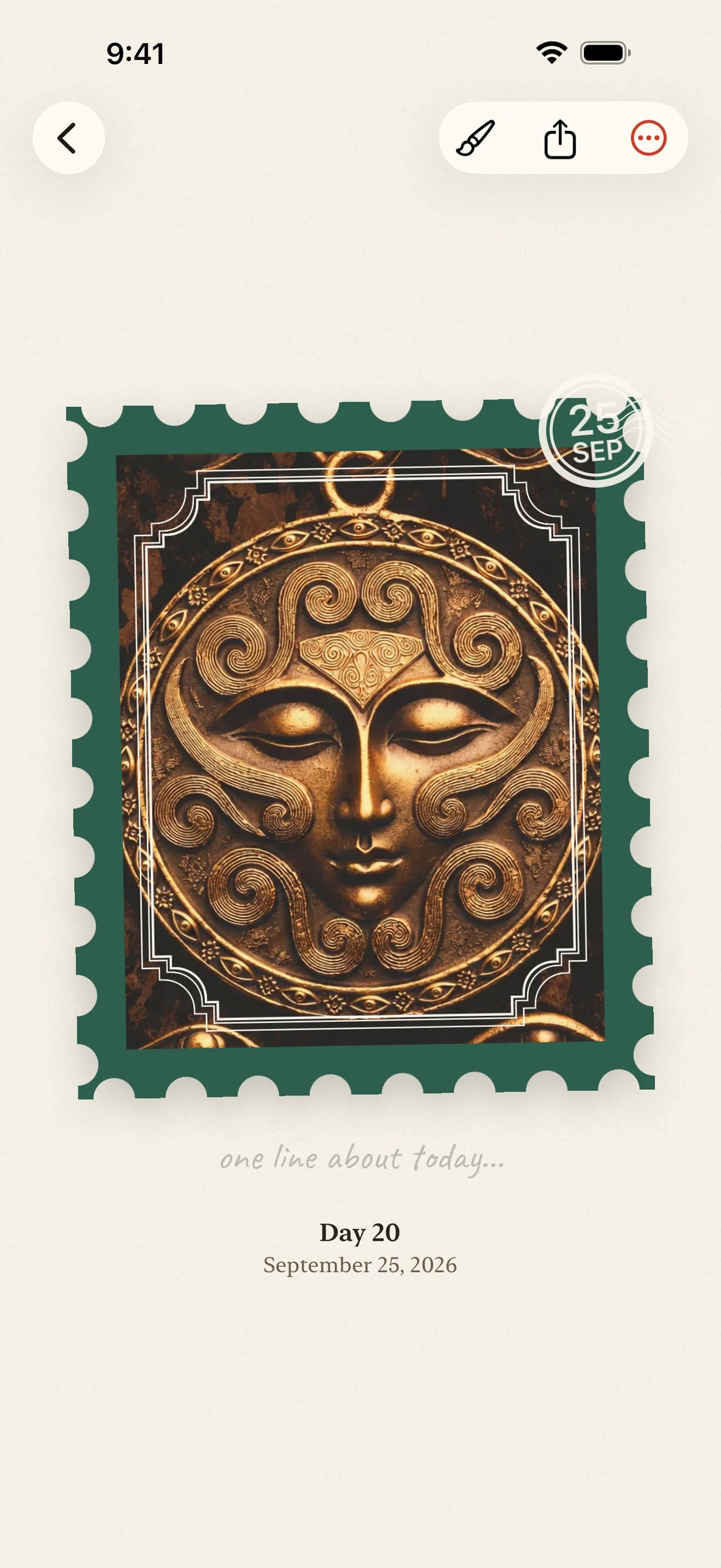 A finished scrap in scrapeaday: a real photo cut into a stamp, with the postmark and the date underneath.