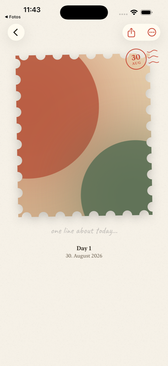 A finished scrap in scrapeaday: the stamp shaped photo with a handwritten caption line, labelled Day 1 and dated 30 August 2026.