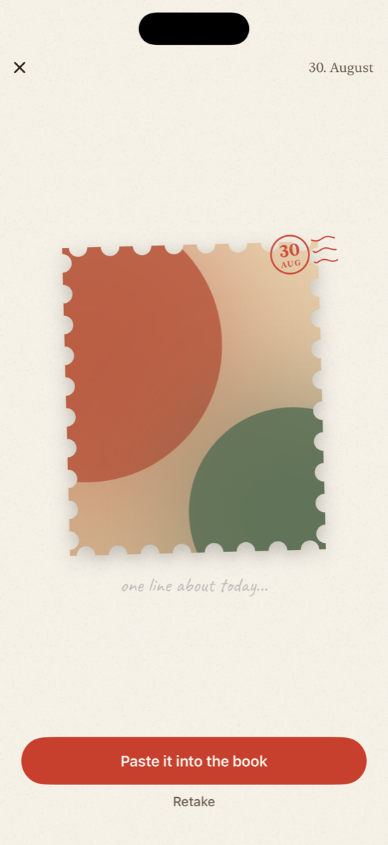 The punch screen in scrapeaday: the captured photo cut into a postage stamp with a red postmark, above the button paste it into the book.